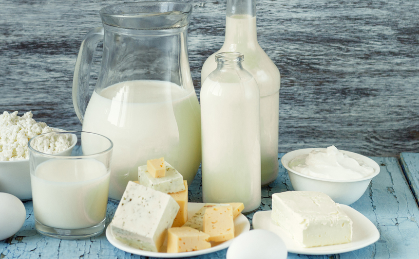 An assortment of milk and cheeses on a blue table.