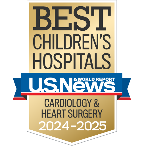 Badge graphic showing US News &amp; World Report Best Children's Hospitals - Cardiology &amp; Heart Surgery 2024-2025