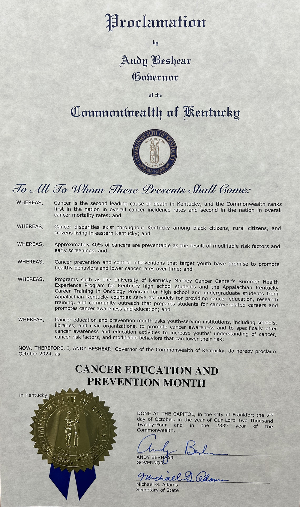 Cancer Education and Prevention Proclamation