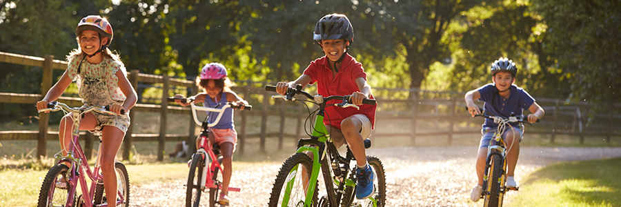 Four Children On Bicycle Ride In Countryside Together