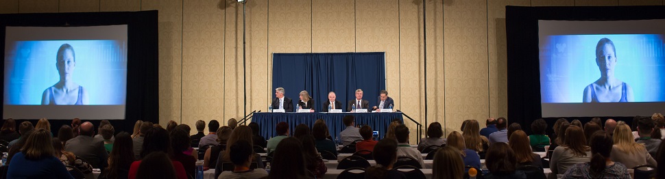 The UK Markey Cancer Center and UK Markey Cancer Foundation served as hosts of the 2017 NACCDO/PAMN annual meeting, which included a cancer center directors panel (bottom) as well as a visit from UK HealthCare’s pet therapy dogs (top right). The NACCDO/PAMN annual meeting is an opportunity for public relations, marketing and development professionals at major cancer centers to learn from their peers.