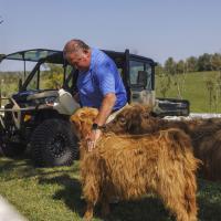 Bruce Drake petting his cows.