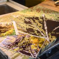 An in-progress painting on a work table, depicting abstracted trees and branches. There are two reference photos printed out and sitting on top of the painting, one covered with a grid.