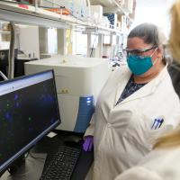 An over-the-shoulder shot of Dr. Kolesar and a colleague looking at something on a computer monitor. Her colleague is a white woman with brown hair that is tied back in a ponytail. She is wearing safety glasses, purple medical gloves, and a white lab coat over a patterned top.