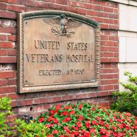 United States Veterans Hospital sign with bushes under it.