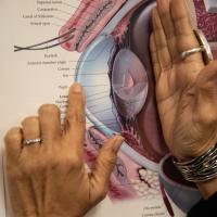 Dr. Capoor points to the pupil on an eyeball anatomy chart.