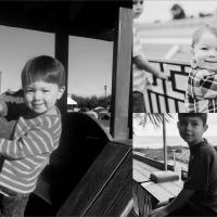 A black and white photo collage of Marco and Maximo.