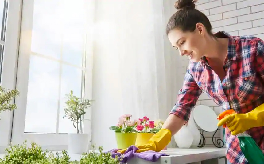 A woman wearing rubber gloves cleans house.